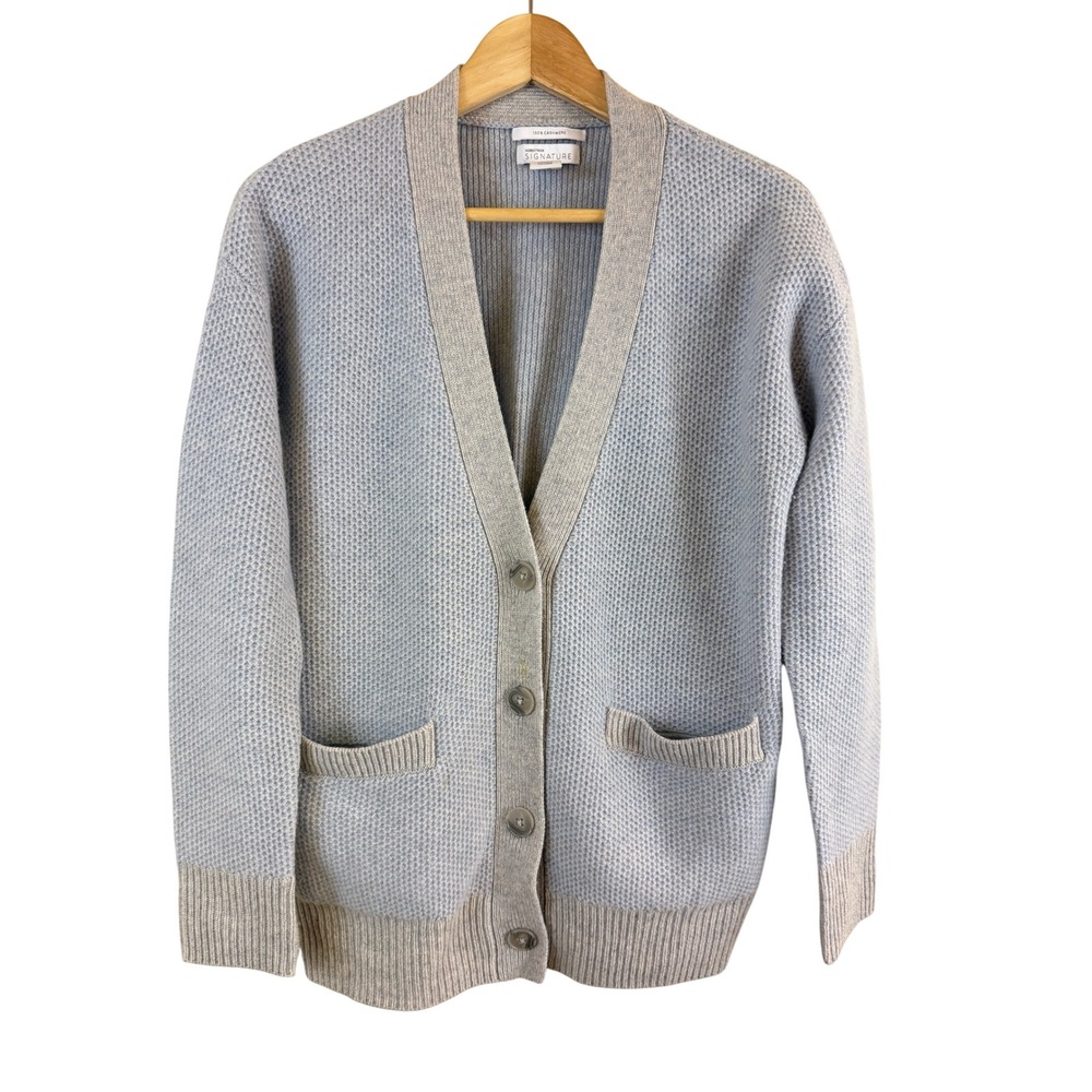 Nordstrom Signature Cashmere Waffle Knit Cardigan Women L Blue Button Front